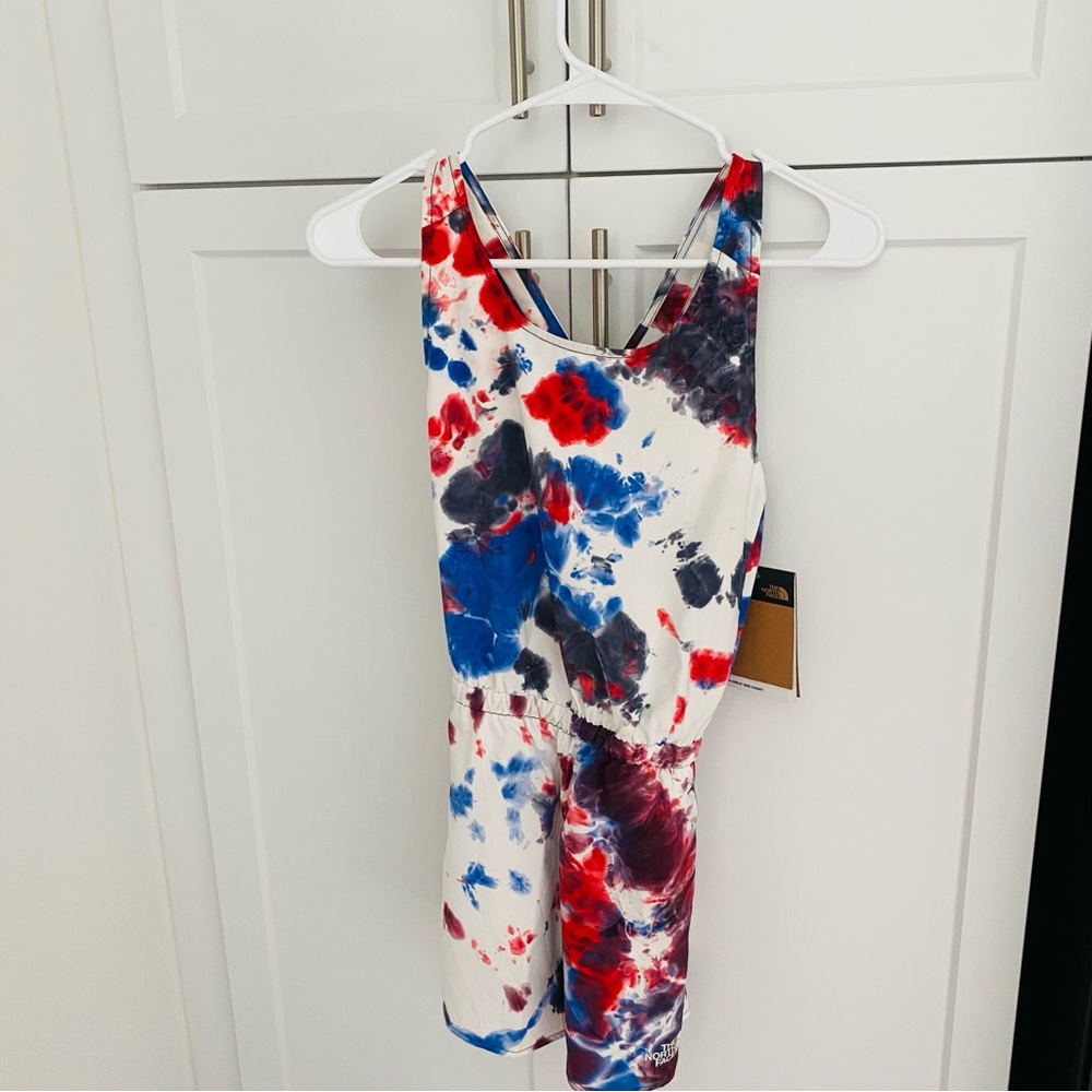 NWT the North Face Girls large 12 red white blue tie dye romper